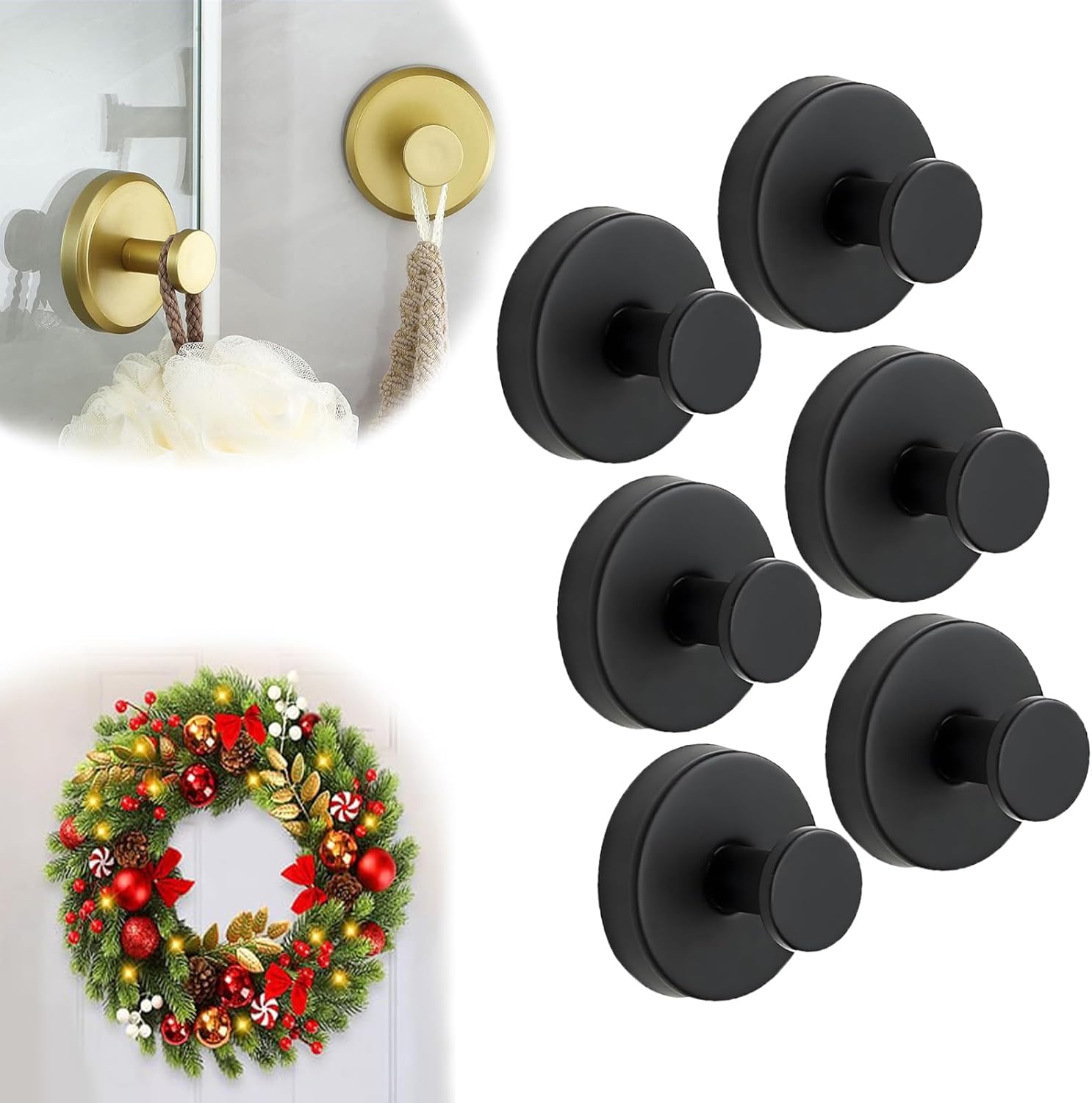 Suction Cup Hooks for Door Wreaths, 2025 Upgraded Multipurpose No Drill Heavy-Duty Suction Cup Hooks for Shower, Hanging Towels, Bathroom, Shower Doors, Tile, Mirrors, Holiday Use (Gold, 6Pcs)