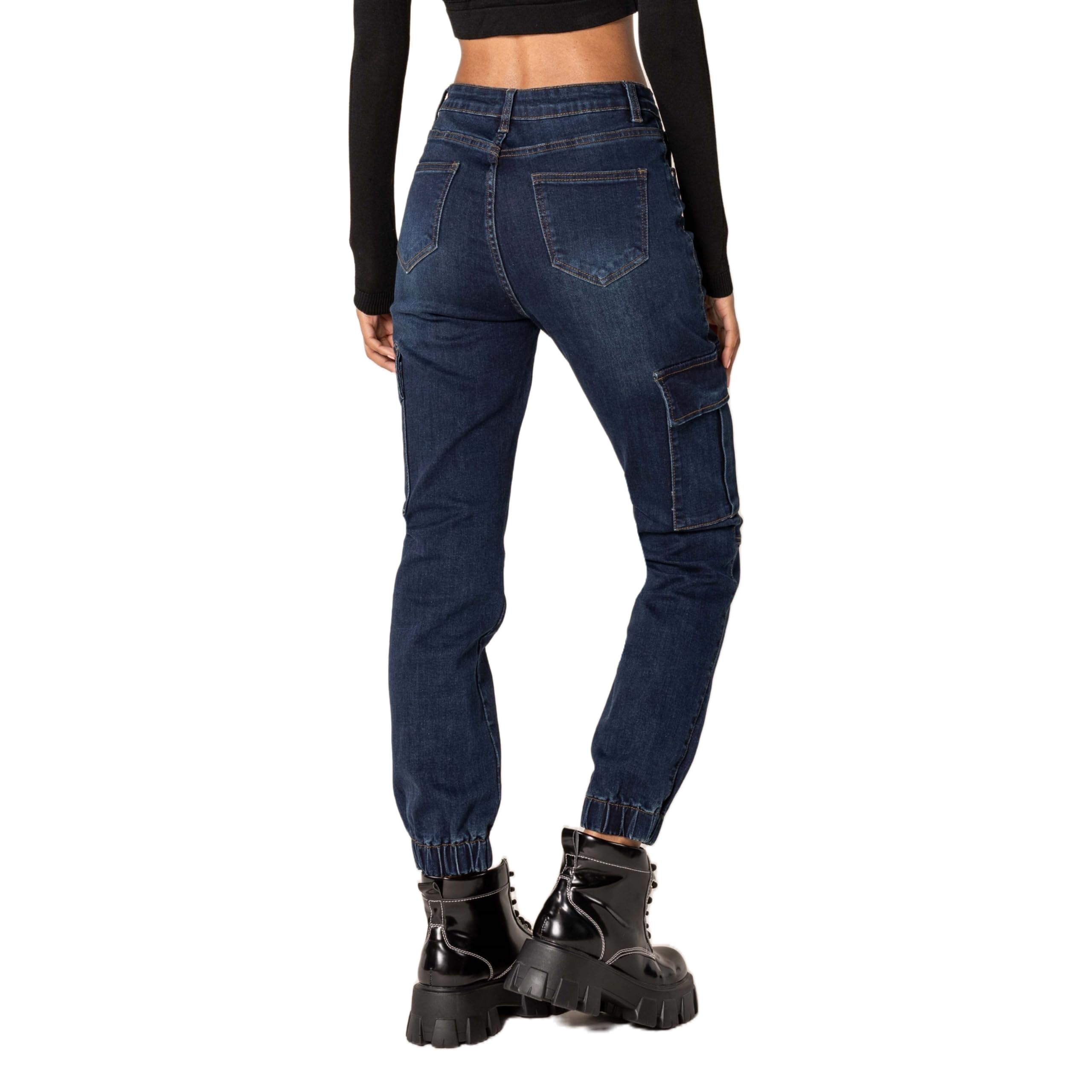 Nina Carter P219 Pantalones vaqueros cargo para mujer, cintura alta, corte relajado, puños elásticos, aspecto desgastado