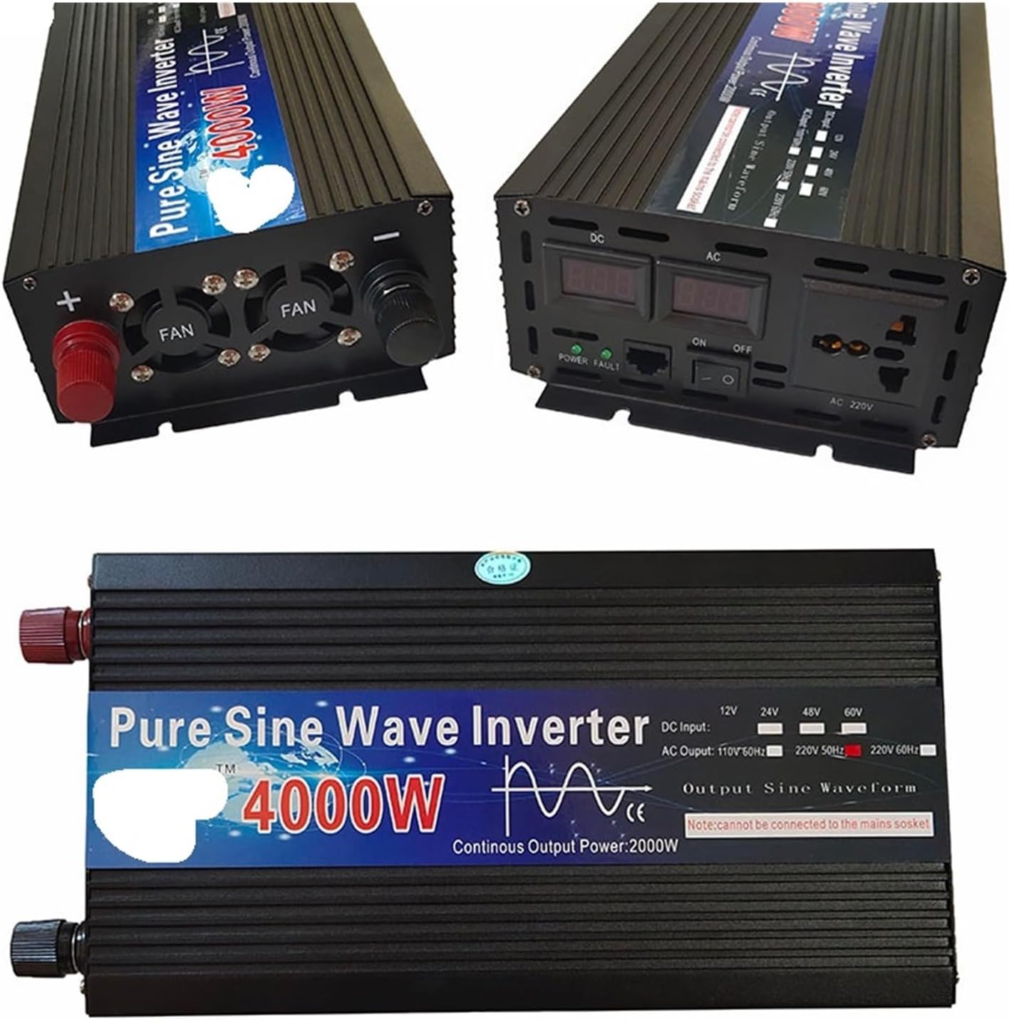 Pure Sine Wave Inverter 3000w 4000w 12V/24V/48V/60V/220V Voltage Transformer Solar Power Inverter DC12V to AC 220V LED(3000w,12V-220V 50HZ-Universal)