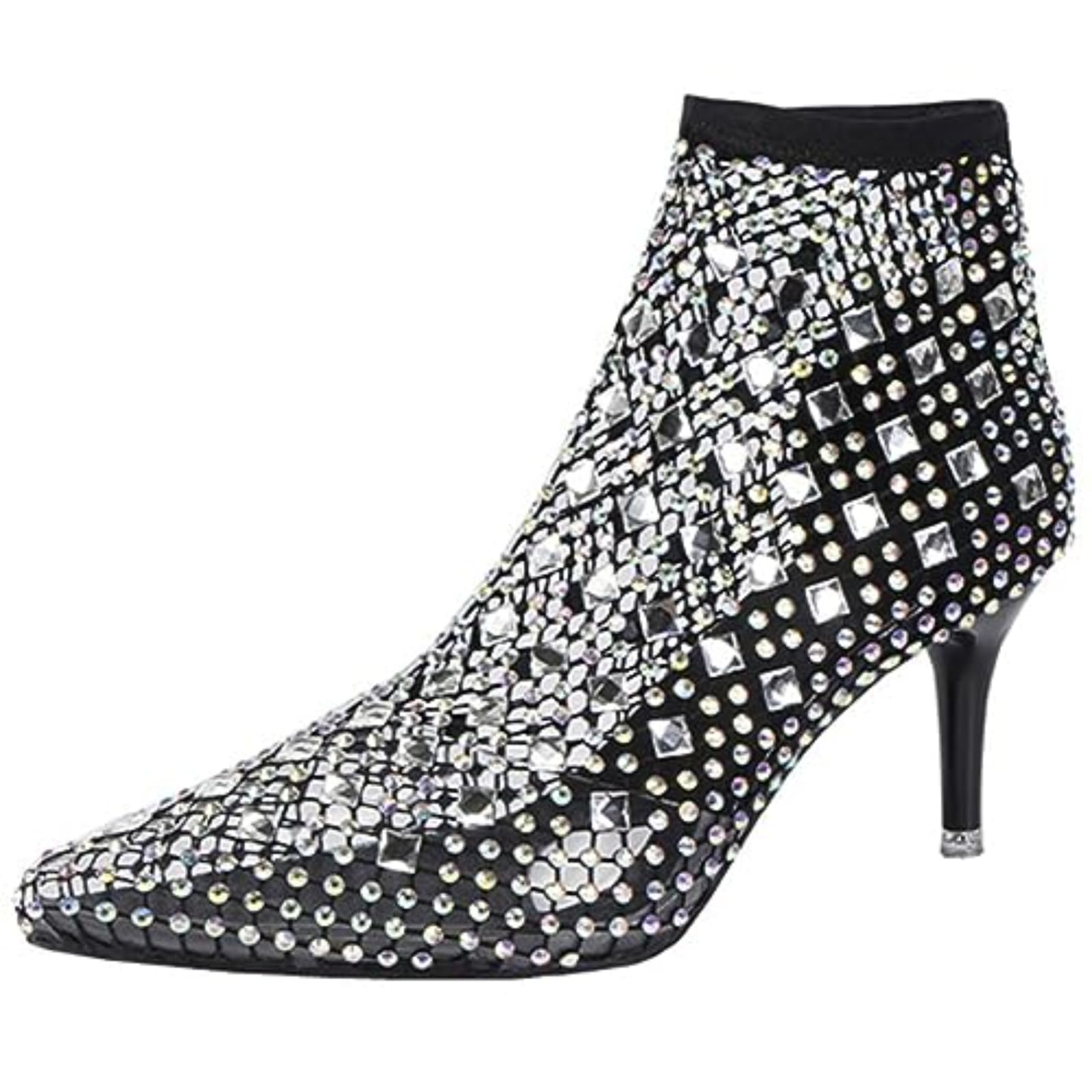 Womens Mesh Hollow Out Stiletto Ankle Boots Sexy Pointed Fashion Rhinestone Booties Party Prom Evening Dress Boots