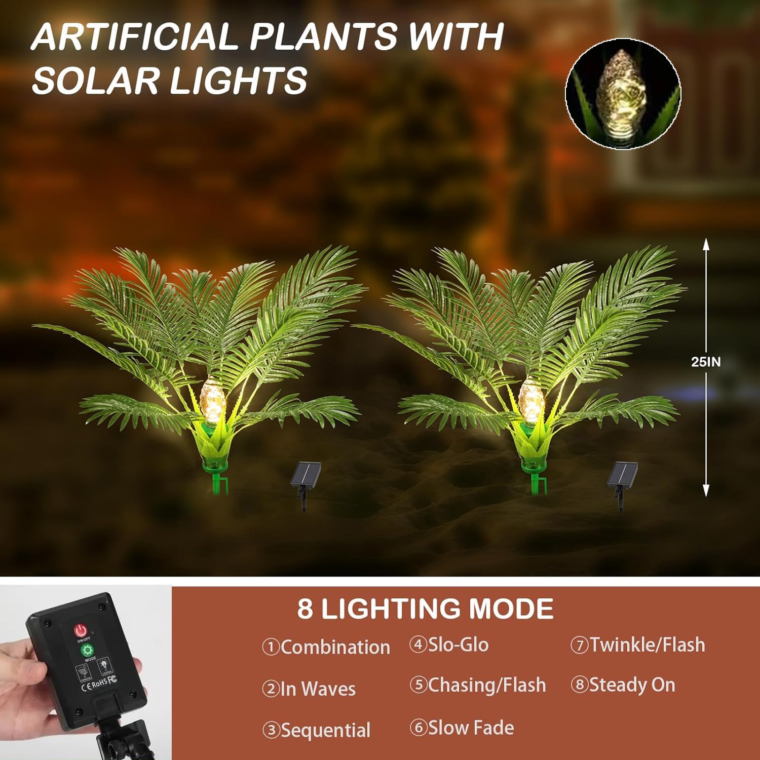 2 Pack Solar Palm Tree Lights,Outdoor Artificial Plants with Ground Light outdoor, 8 Lighting Patterns - Image 3