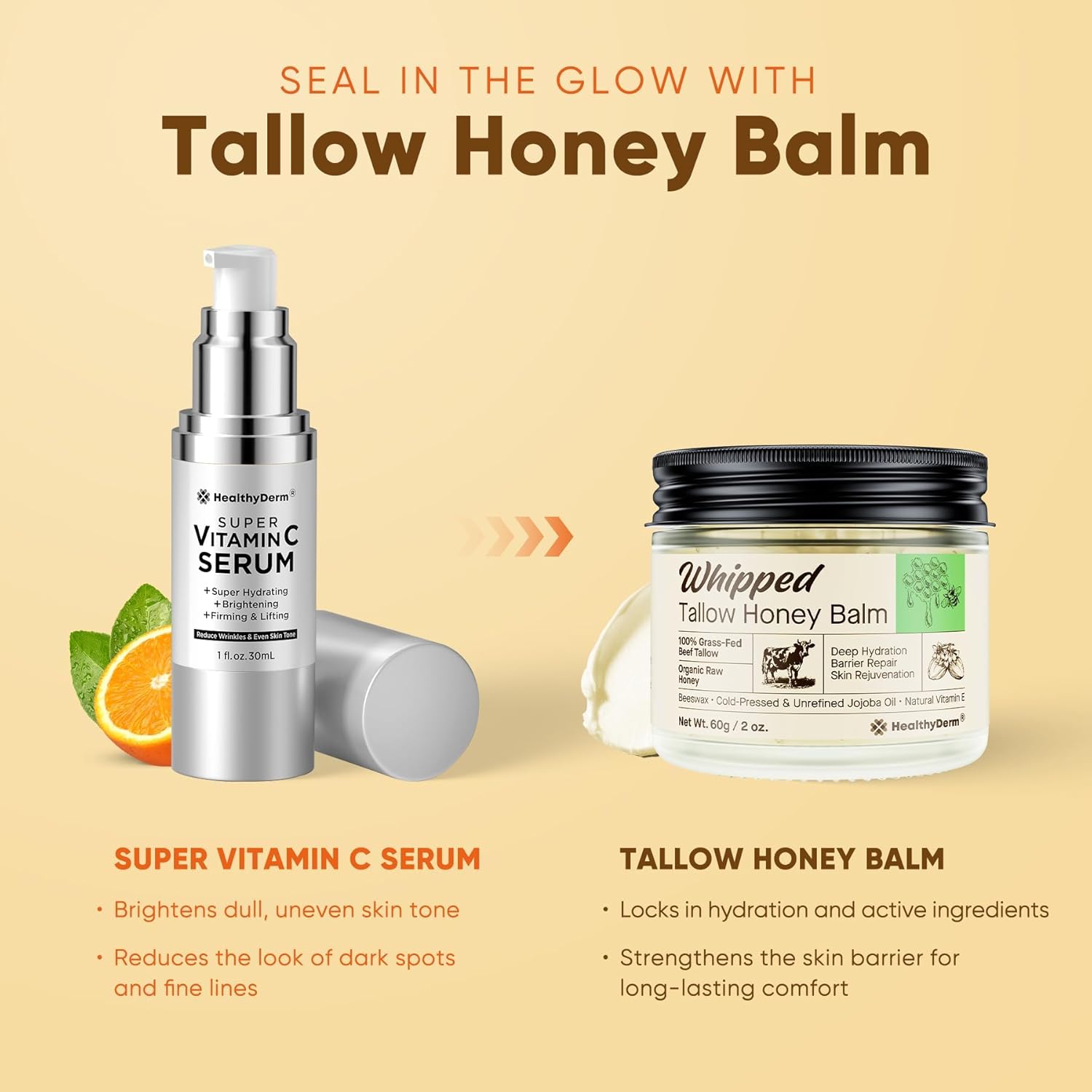 Beef Tallow Honey Balm for Skin: 100% Grass Fed Organic Moisturizer with Organic Raw Honey, Jojoba Oil, Vitamin E – Natural Face and Body Care for Mature, Dry or Sensitive Skin, 2oz, Pack of 2