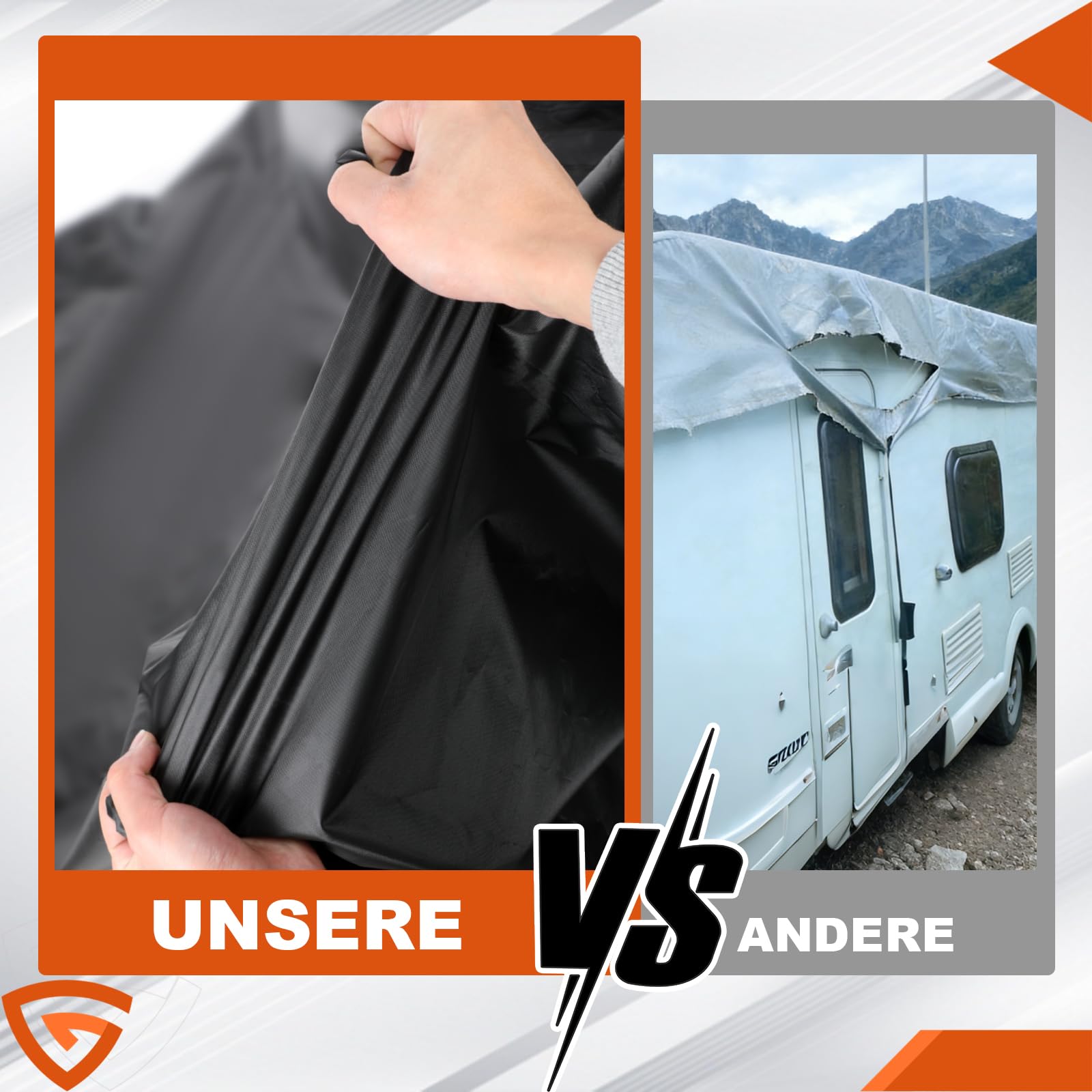 GEARMONSTER 6,5x3m Wohnwagen Abdeckung 210D Oxford Wasserdicht, Schwarz | Schutzhülle, UV Schutz, Regenschutz, Staubschutz, Dachabdeckung, atmungsaktiv, Wohnwagen, langlebiges Oxford Gewebe