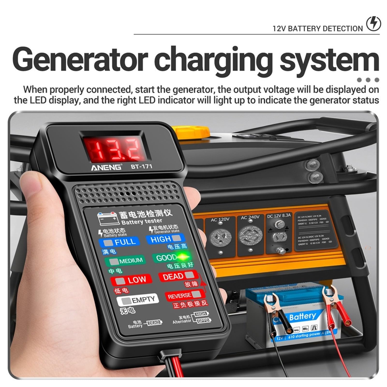 BT-171 12V Cyfrowy tester baterii Wskaźnik akumulatora do akumulatora samochodowego z zaciskami krokodylkowymi Wskaźnik stanu baterii LED Narzędzie dla elektryków