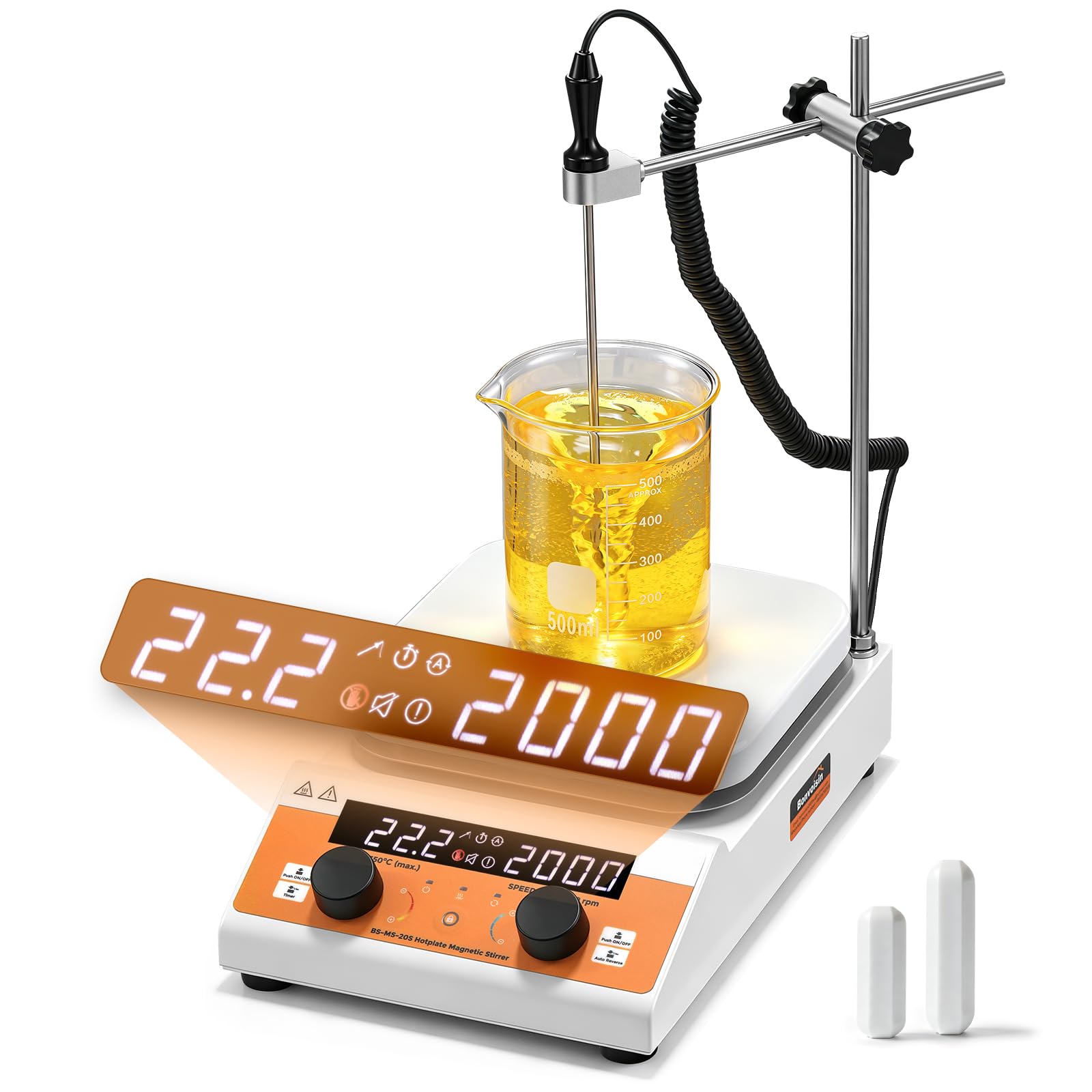 Bonvoisin Magnetrührer-Heizplatte 20L, 350°C Digitaler Labor-Mischer mit 800W Heizleistung und 180mm Keramik-Heizplatte, 100-2000 U/min, Timer, Automatische Richtungsumkehr, mit 2 Rührstäben und Stati