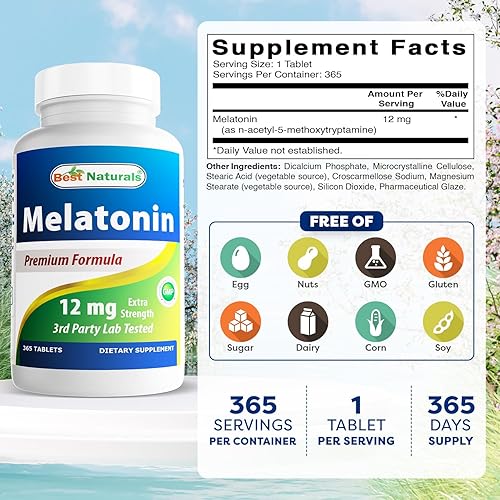 Miniatura 2 de Best Naturals Melatonina 12 mg (suministro para 1 año)  Ayuda para dormir nocturna sin medicamentos  Melatonina para dormir y relajarse, 365