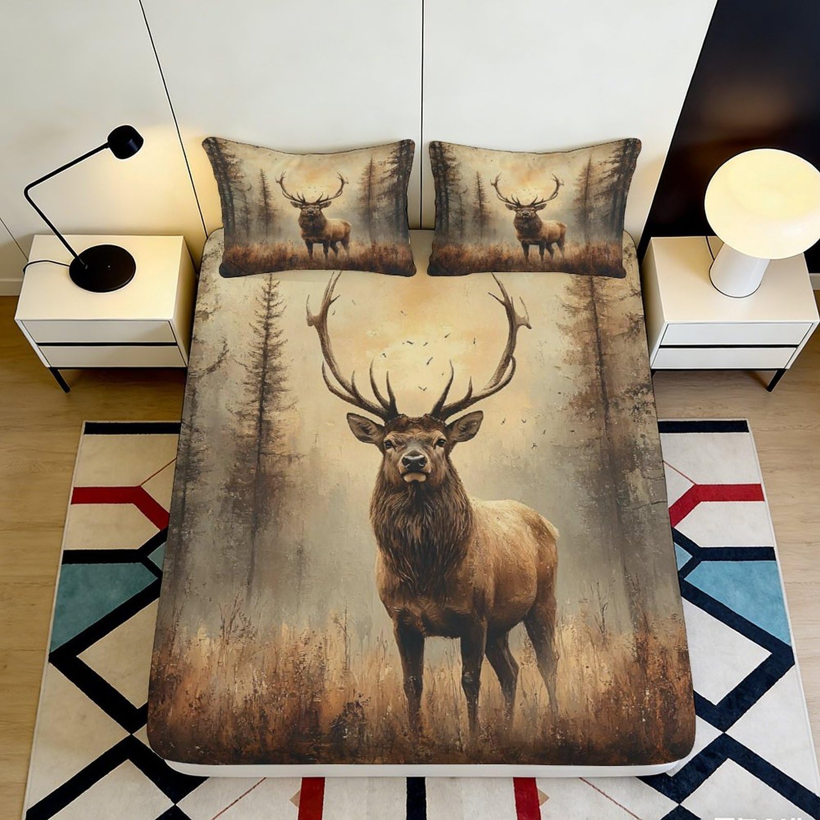 3D Printed Deer Forest Fitted Sheet Microfiber Soft Breathable Elk Print Bed Cover for Bedroom Dormitory Guest Room Mattress Protection Decor 120x200x25cm