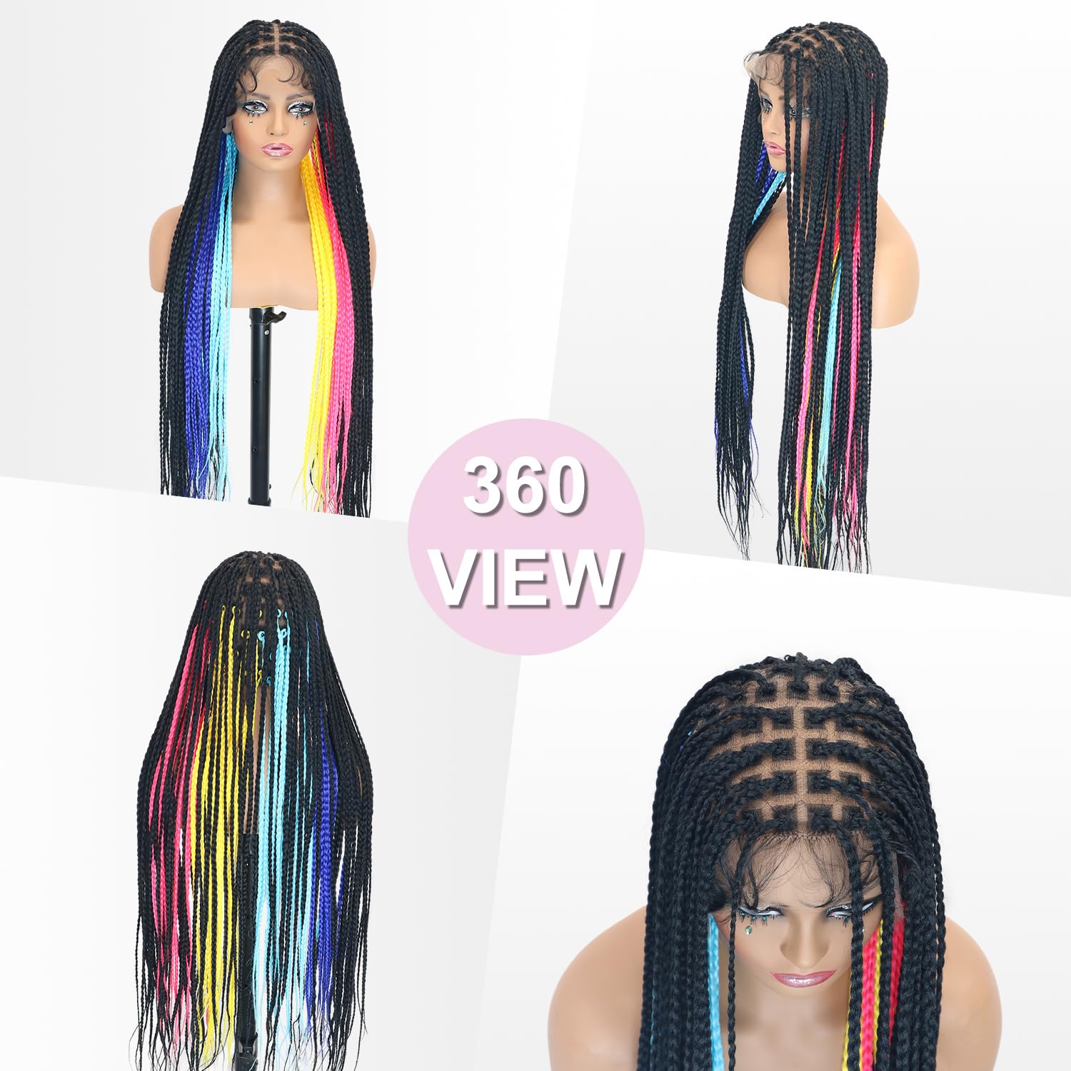 360 Full Lace Braided Wigs 36 Inch Long Glueless Synthetic Braided Wig with Baby Hair Knotless Braids Colorful Box Braids Wig for Women
