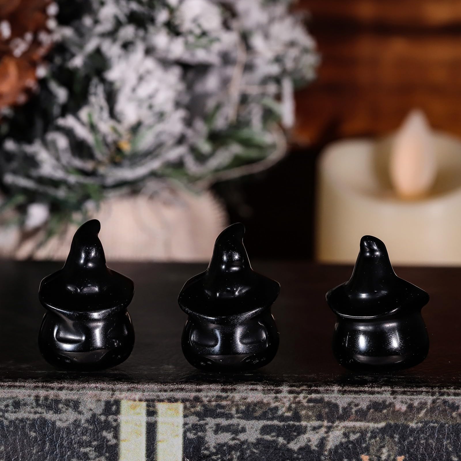 mookaitedecor Set of 2 Black Obsidian Halloween Crystal Ghost Pumpkin Figurine Witch Decorations & Micro Landscape Ornament - Image 4