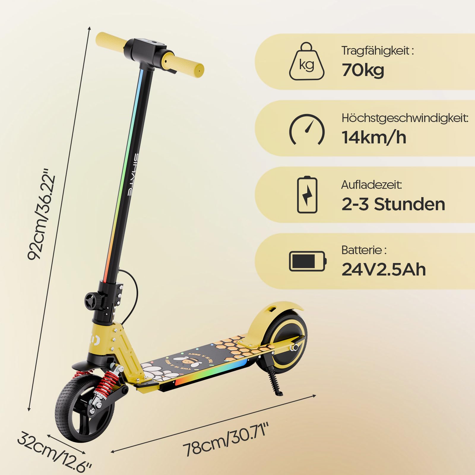 S5 Patín Eléctrico para Niños, Scooter Eléctrico Plegable con Luz LED, Llantas Todo Terreno de 6,5", Velocidad Máx. 14 km/h, para 6-14 Años, Amarillo