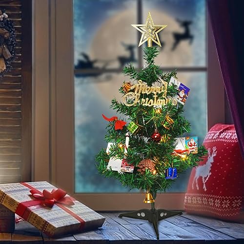 Miniatura 2 de Árbol de Navidad pequeño (2 pies), pino de Navidad artificial preiluminado, mini árbol de Navidad con luces para el hogar, oficina, decoración de