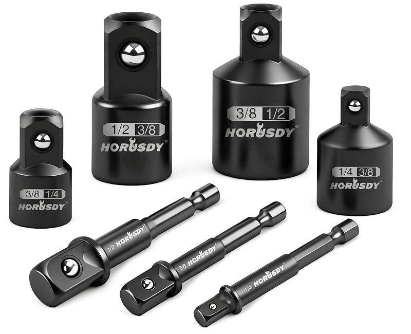 Kit de Adaptadores e Redutores para Soquetes de Impacto HORUSDY em Aço Cromo-Vanádio, Encaixes de 6,35 mm, 9,53 mm e 12,7 mm, 7 Peças