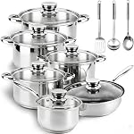 Stainless Steel Cookware Set Pots and Pans- 15 Pieces Nonstick Pot and Pan Set Includes 1 Frying Pans, 5 Pots, 6 Lids and 3 Utensils, with Stay Cooling Handle, Induction & Oven Safe