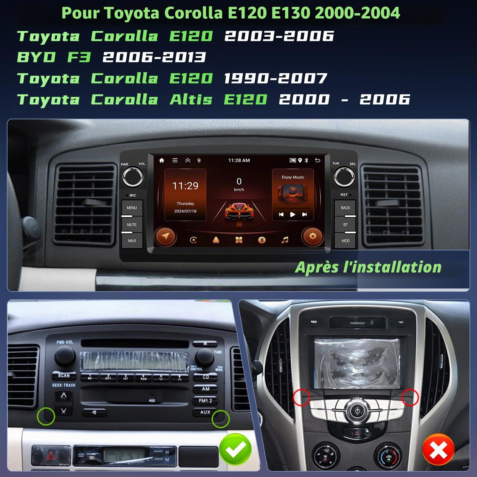 Hikity 2G+64G Android 15 Autoradio 7" pour Toyota Corolla CarPlay