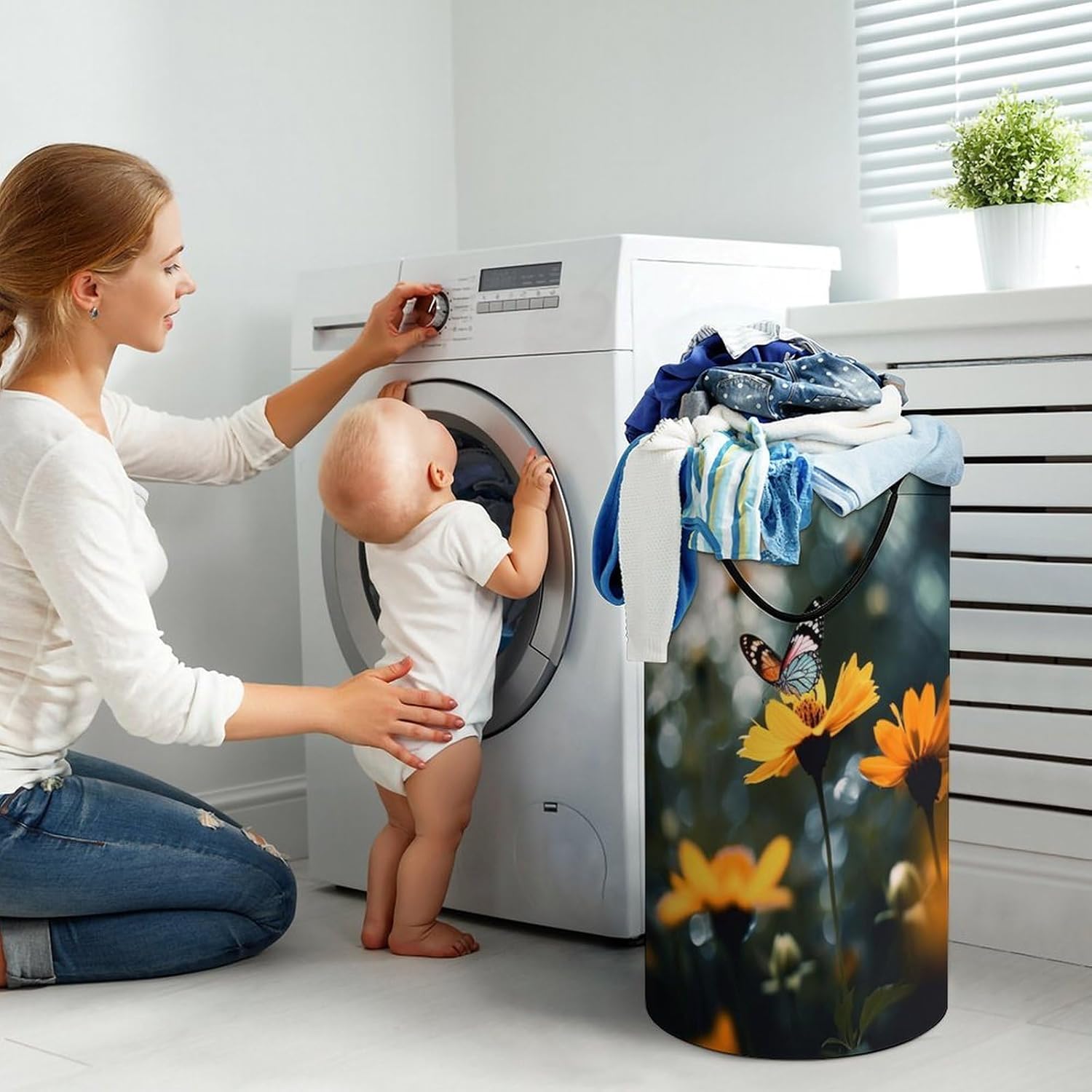 Flowers And Butterfly Laundry Basket Freestanding Laundry Hamper with Handles Waterproof Dirty Clothes Hamper Collapsible Washing Bin Aesthetic Clothes Basket for Bathroom Bedroom Dorm