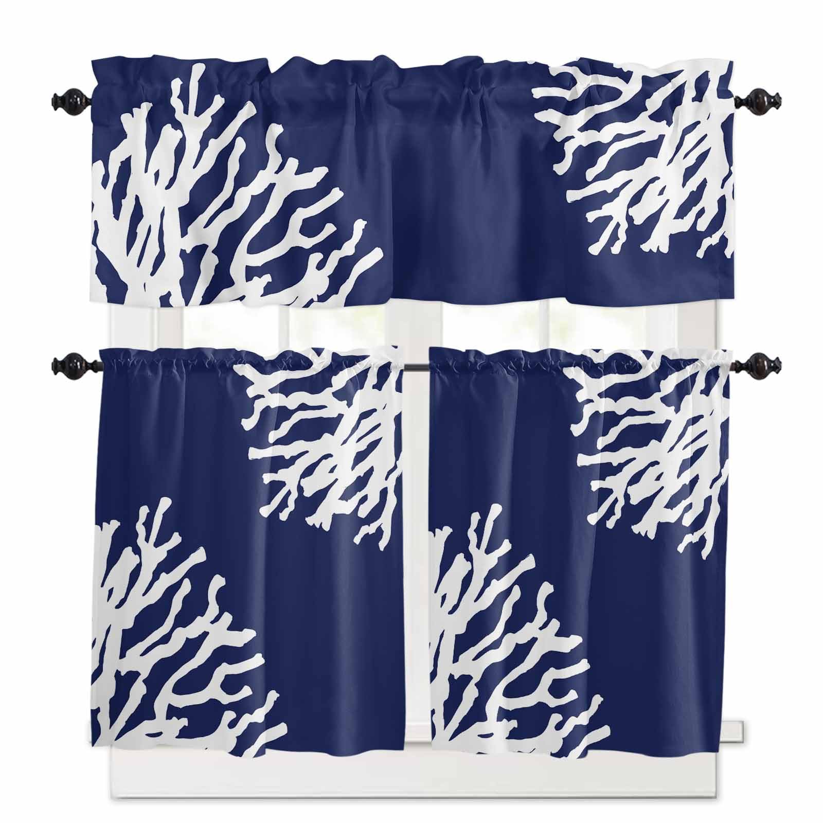 Coral Navy Blue Kitchen Curtains 24 Inch Length, 3 Piece Rod Pocket Small Half Tiers and Valance Set, Coastal Ocean Marine Nautical Beach Small Large Window Treatment Decor for Bedroom/Bathroom Sink
