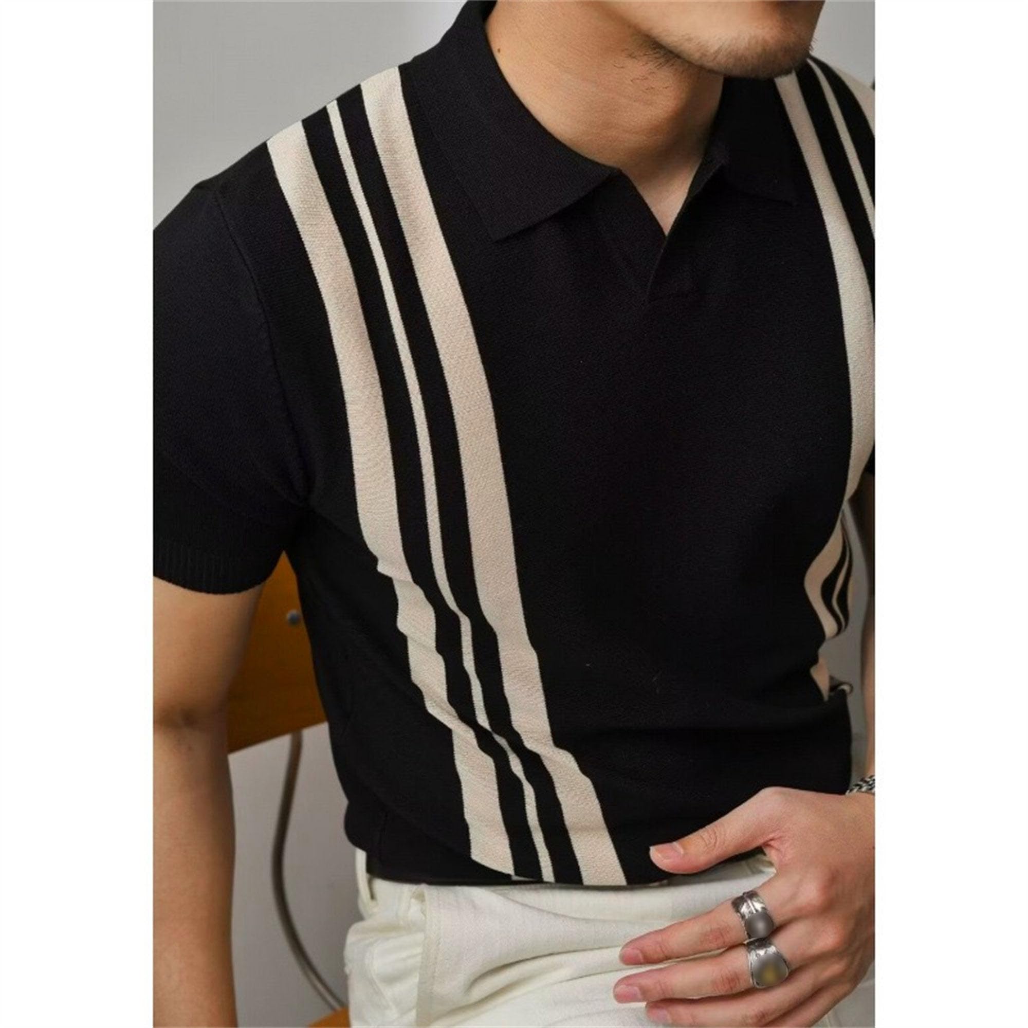 Men Small V Collar Knitted Shirts Ice Silk Vertical Striped T Shirt Summer Casual Comfortable Pullover Tops (Black,Medium)