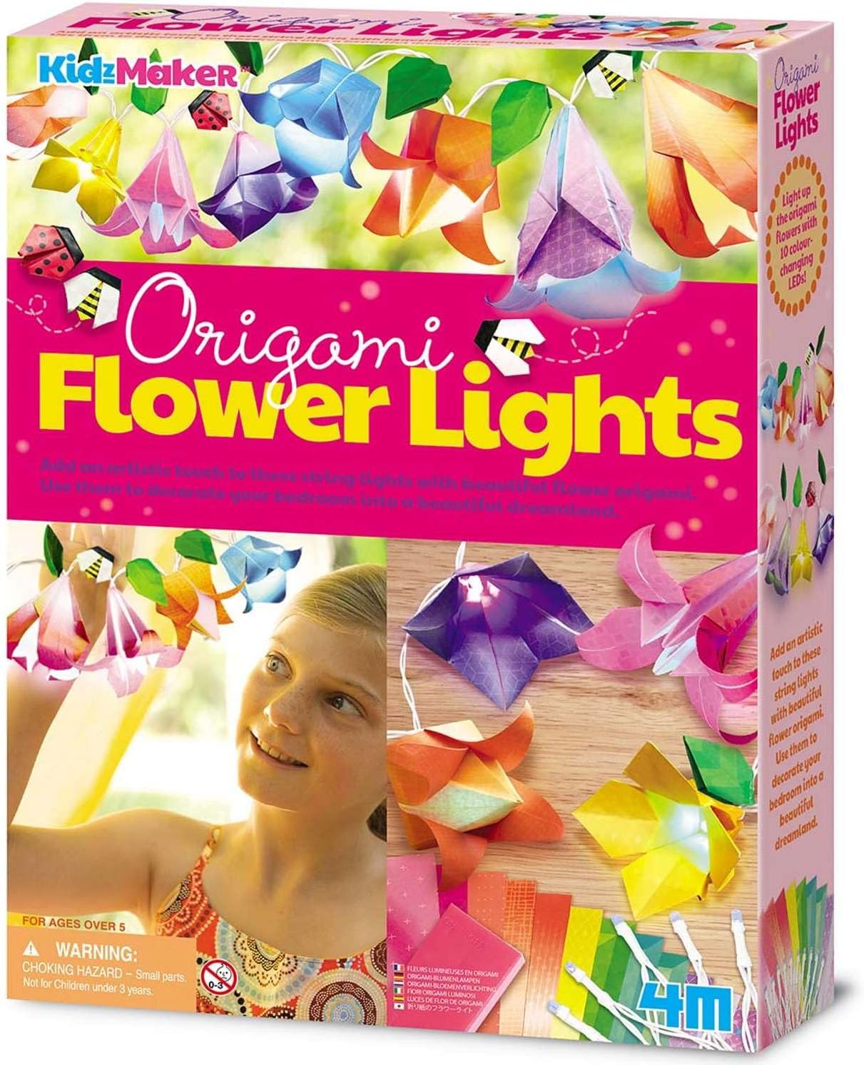 4M KidzMaker Origami Flower Lights Craft Kit – DIY Flower Paper Light String Art with 10 Color‑Changing LED Bulbs + 15 Origami Sheets, Ideal Kids Creative Room Décor & STEM Gift Kit