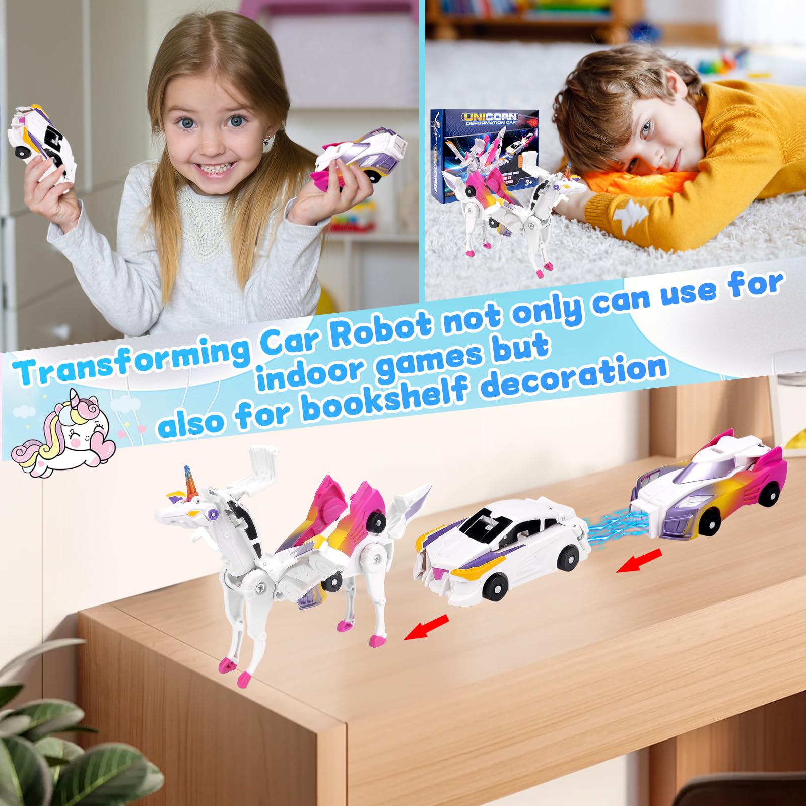 Pipihome Unicorni Robot Trasformatore, Giocattolo Combinato per Auto con Deformazione da Collisione, Anti-Collisione (Pink)