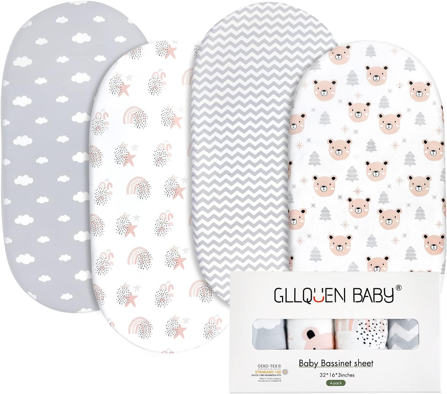 4Pack Moses Basket Fitted Sheets, Newborn Pram Sheets Fitted, 100% Microfiber Oeko-tex100 Cozy and Breathable Crib Baby Bassinet Sheets for Boy and Girl, Easy Care Soft Fitted Sheet