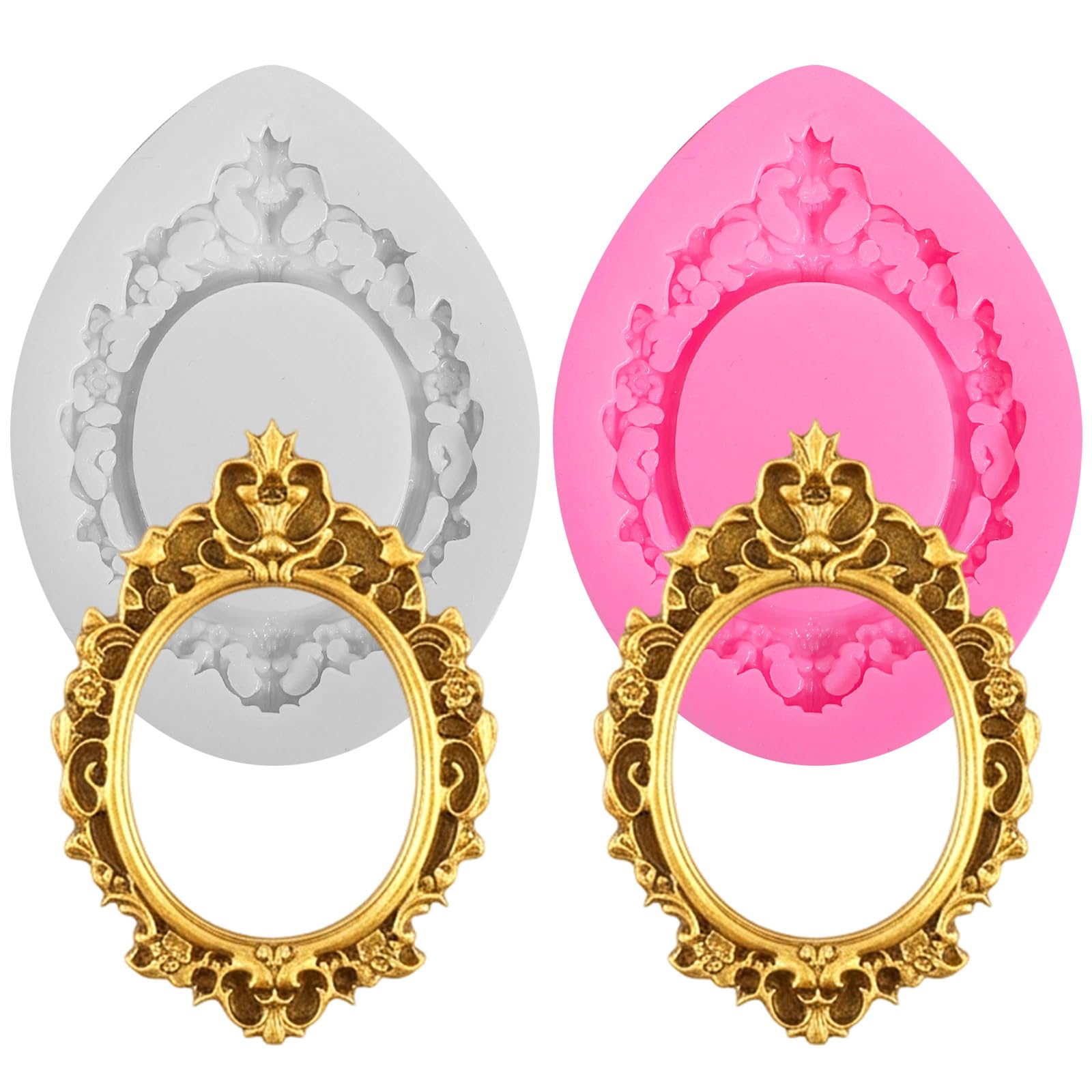 2 Pcs Silicone Frame Molds, Photo Frame Fondant Molds, 2.44x3.23 Inch Mini Picture Frame Mold for Fondant, Chocolate, Polymer Clay, Cake Decorating Cupcake Topper, Pink & Gray-image-48