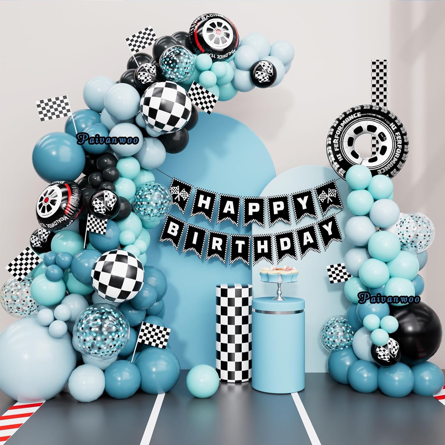 race car balloon garland arch kit dusty blue black balloons with race car happy birthday banner checkered flags for race car two fast birthday party decorations