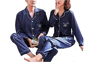 Couples Matching Pajamas Personalized Silk Long Sleeve Sleepwear Pjs Set (XS-3X)