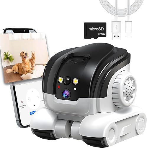 Cámara para mascotas, robot móvil 1080P para interiores con aplicación de teléfono, cámara de seguridad para el hogar, monitor inalámbrico mejorado