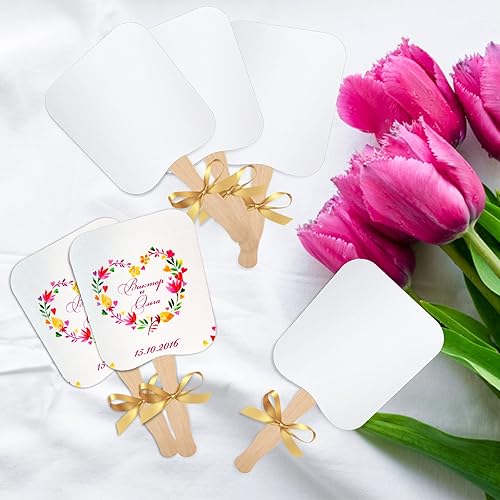 Miniatura 4 de Aemygo 50 juegos de palos de madera ondulados con mango de abanico para manualidades, ventilador de iglesia de papel de doble cara con asa, cinta