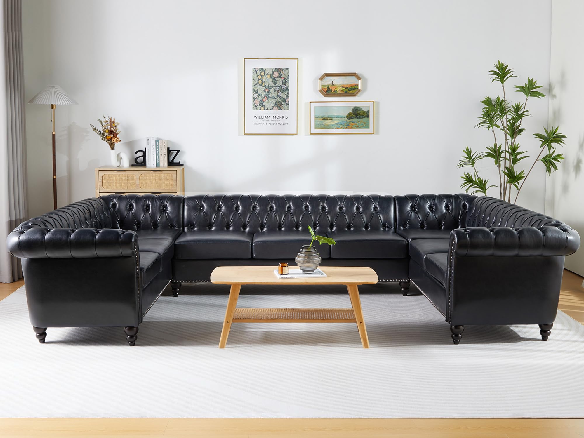 ORRD U Shaped Large Sectional Sofa, Chesterfield Leather Faux Couch Tufted Accent Sofa with Scroll Arms and Nailhead for Living Room, Office