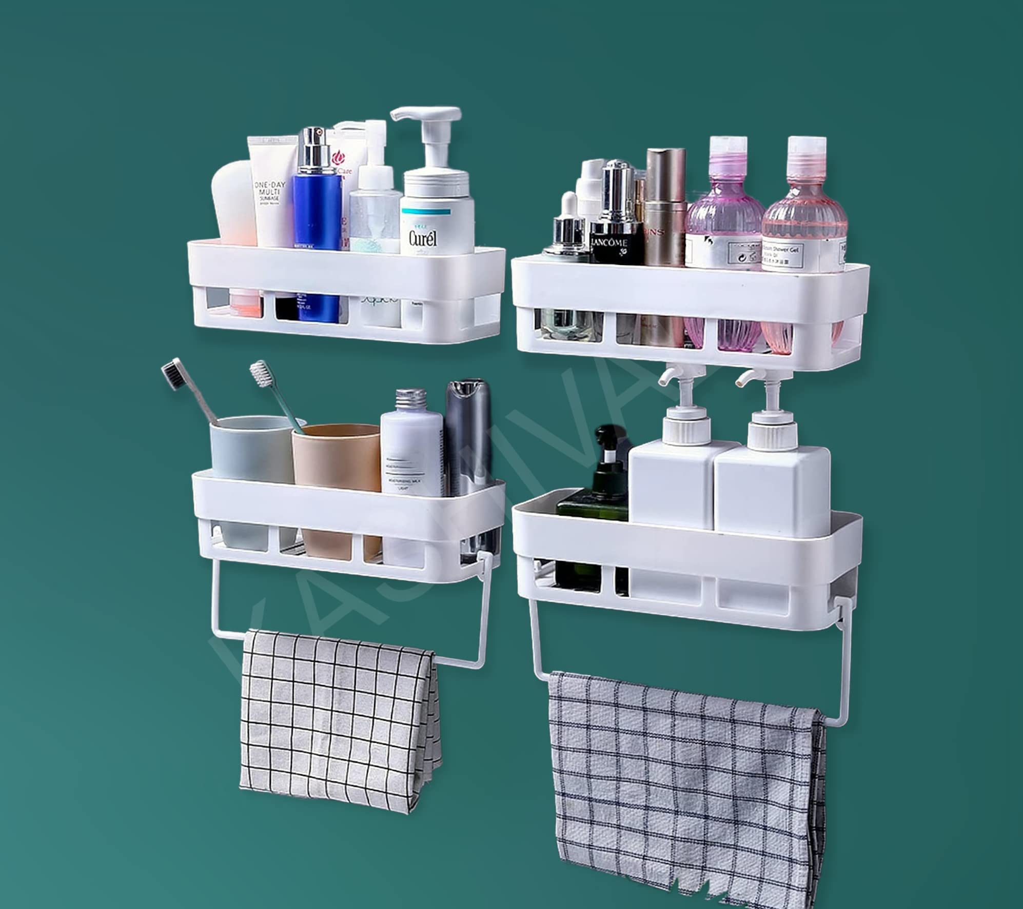 KASHIVAL Bathroom Organizer Bathroom Wall Shelves with Towel Hanger Shelf Multipurpose Self-Adhesive Sticker Hooks Wall Holder Bathroom Storage Rack Box Strong Shower Rack (4 Pcs Bathroom Rack)