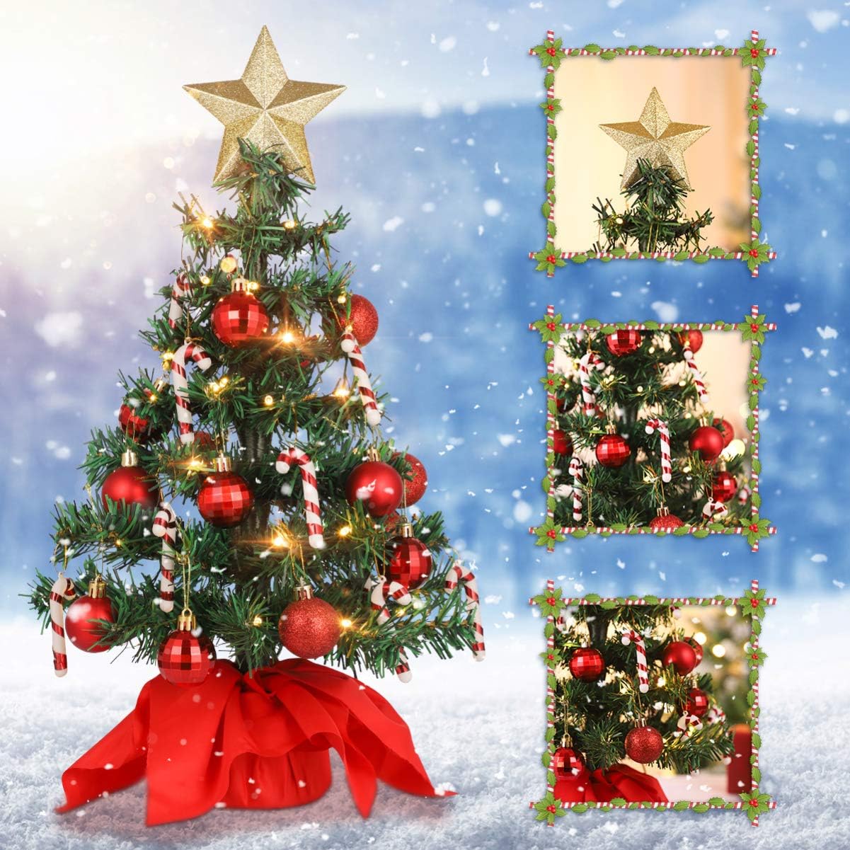PRETYZOOM Artificial Christmas Trees, Desktop Christmas Trees with LED String Light Xmas Tree Baubles 50cm