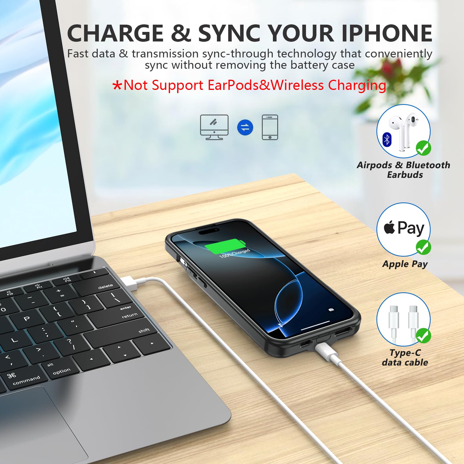BOPPS Custodia con batteria per iPhone 16 Pro con supporto, custodia protettiva sottile da 8500 mAh con ricarica rapida da 15 W, compatibile con iPhone 16 Pro, custodia caricabatterie da 6,3 pollici