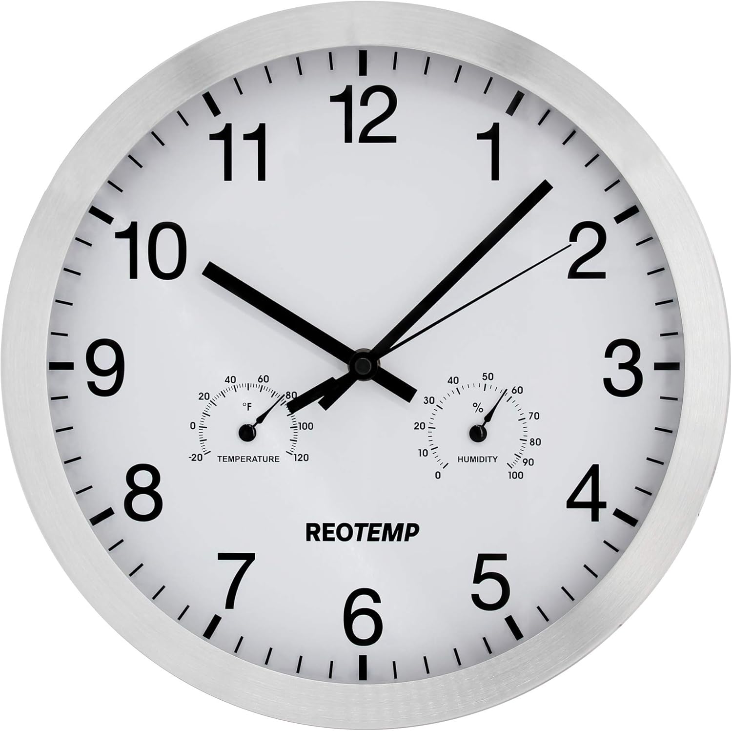 REOTEMP 12" Wall Clock with Temperature and Humidity, Brushed Metal Aluminum Bezel