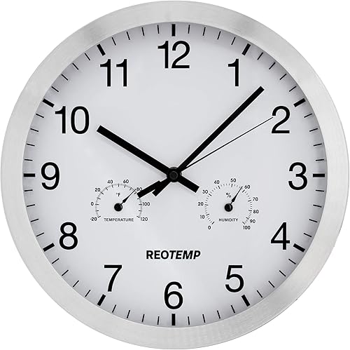 REOTEMP Reloj de pared de 12" con temperatura y humedad, bisel de aluminio de metal cepillado