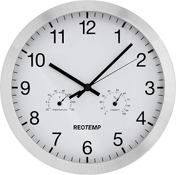 REOTEMP 12" Wall Clock with Temperature and Humidity, Brushed Metal Aluminum Bezel