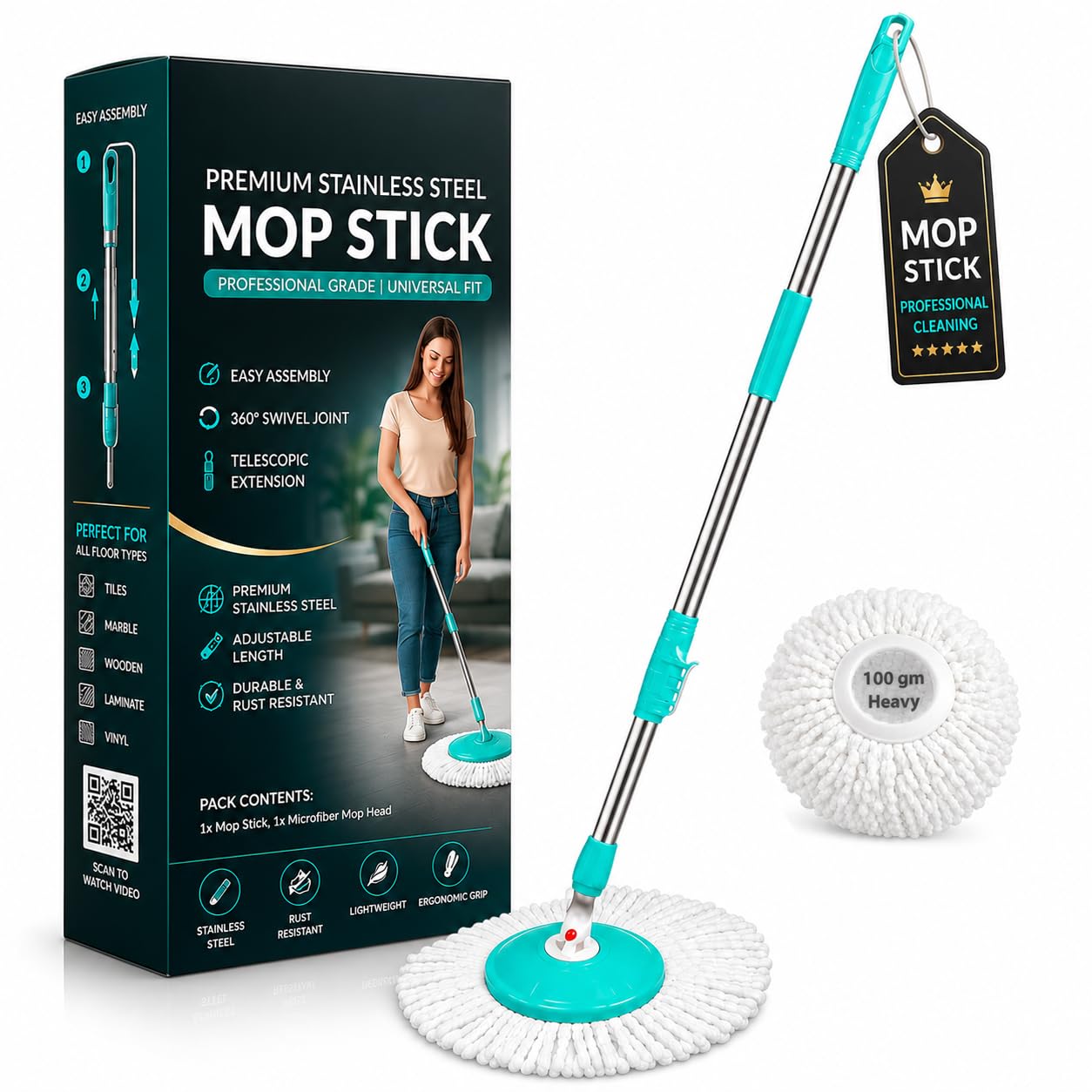 Ultra Premium 360° Spin Mop Stick Rod with Stainless Steel Handle | Adjustable & Extendable Heavy Duty Mop Handle | Floor Cleaning Refill Rod Compatible with Spin Mop (Aqua Green) (1 Refill)-picture-13