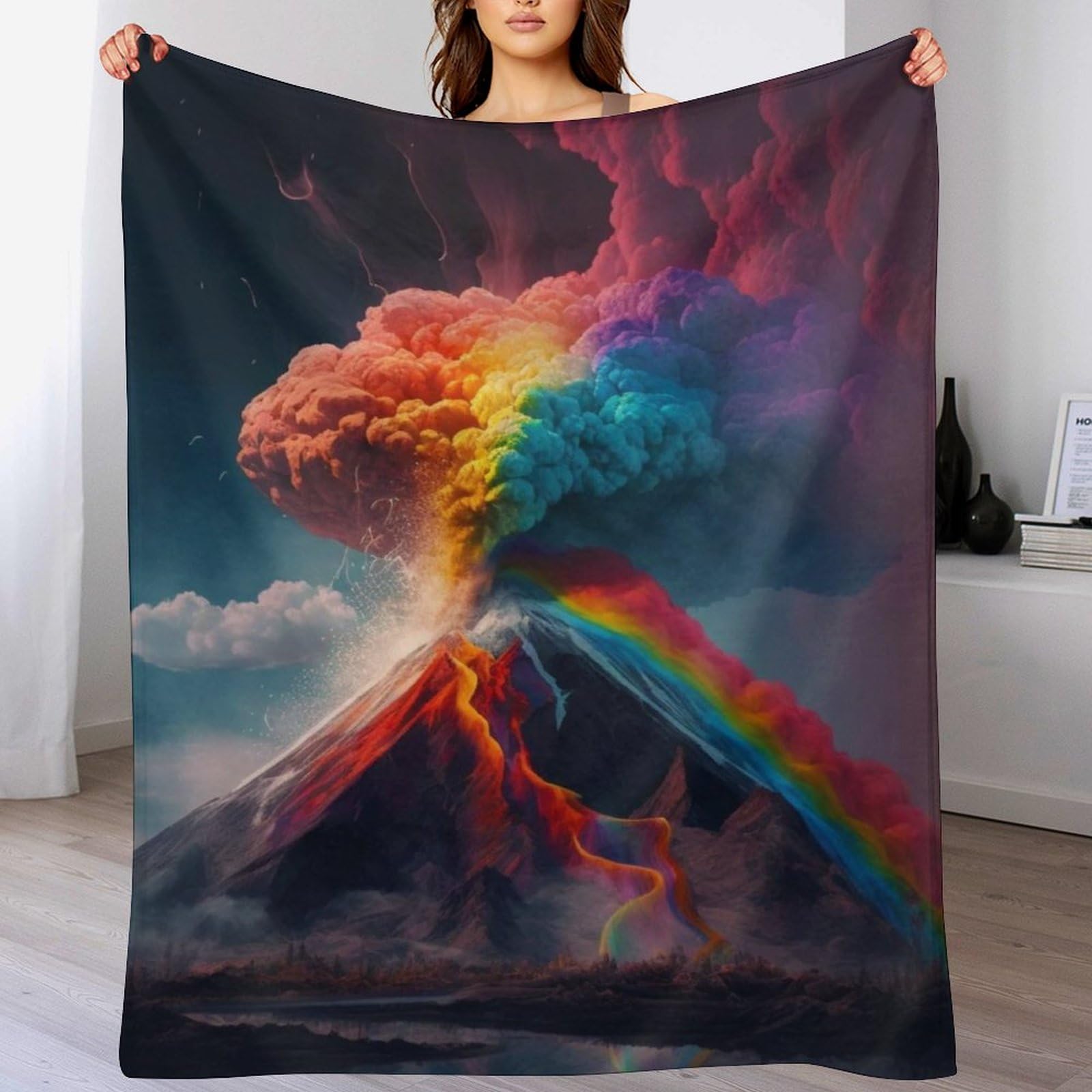 Couverture polaire chaude à motif volcan pour cocooning sur le canapé du salon en hiver