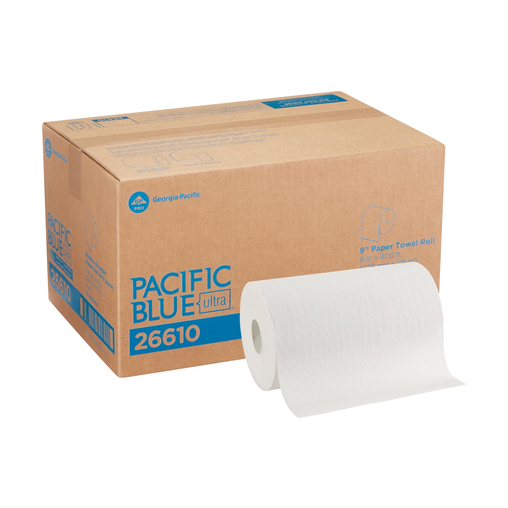 Georgia-Pacific, Pacific Blue Ultra, 9" Paper Towel Rolls (26610), White, 6 Rolls per Case, 400' per Roll