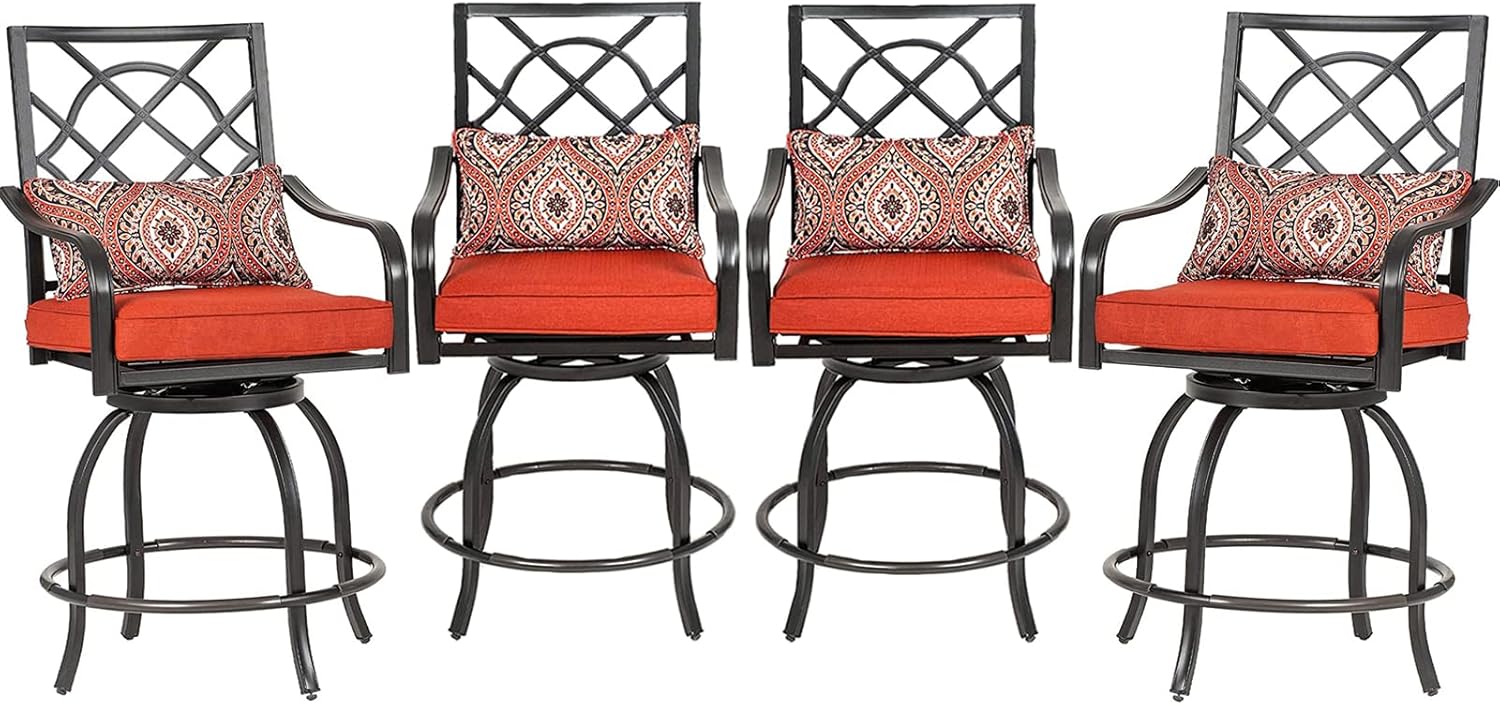 Crownland Patio Swivel Bar Stools Set of 4, All Weather 360 Degree Outdoor Metal Frame Swivel Bar Chair Bar Stool with Armrest and Backrest for Backyard, Lawn Garden, Balcony(Red)
