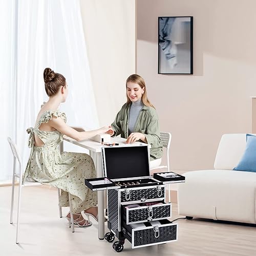 Miniatura 7 de FRENESSA Estuche de maquillaje profesional rodante de aluminio con ruedas para artistas, organizador de cosméticos de viaje con cajones deslizantes