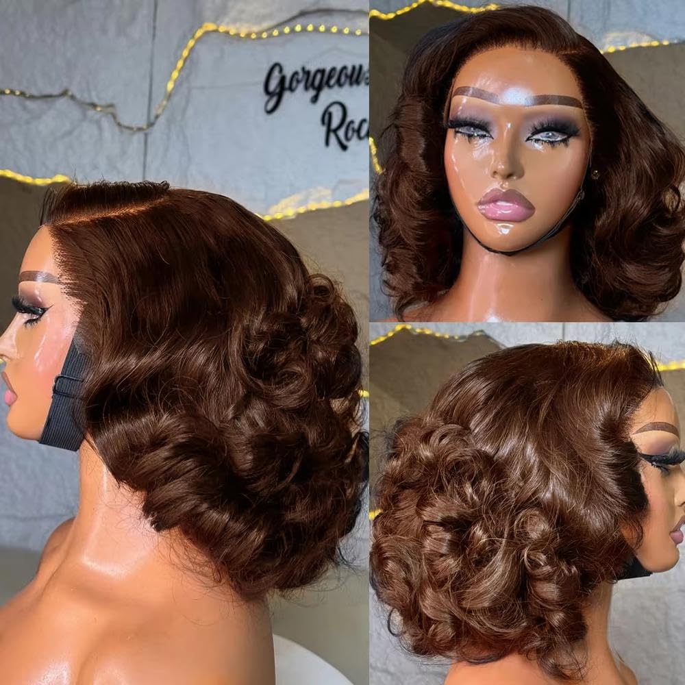 Haarpflege 250% Dichte Schokoladenbraun Kurze Lockere Wellen-Bob-Perücke 13 X 4 Spitzenfront-Perücken 100% Echthaar Für Frauen(180 Density,10inches)