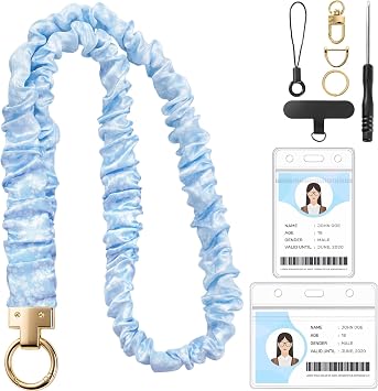 Prudiut Scrunchie Lanyard For Id Badges, Retractable With Card Holder, Blue