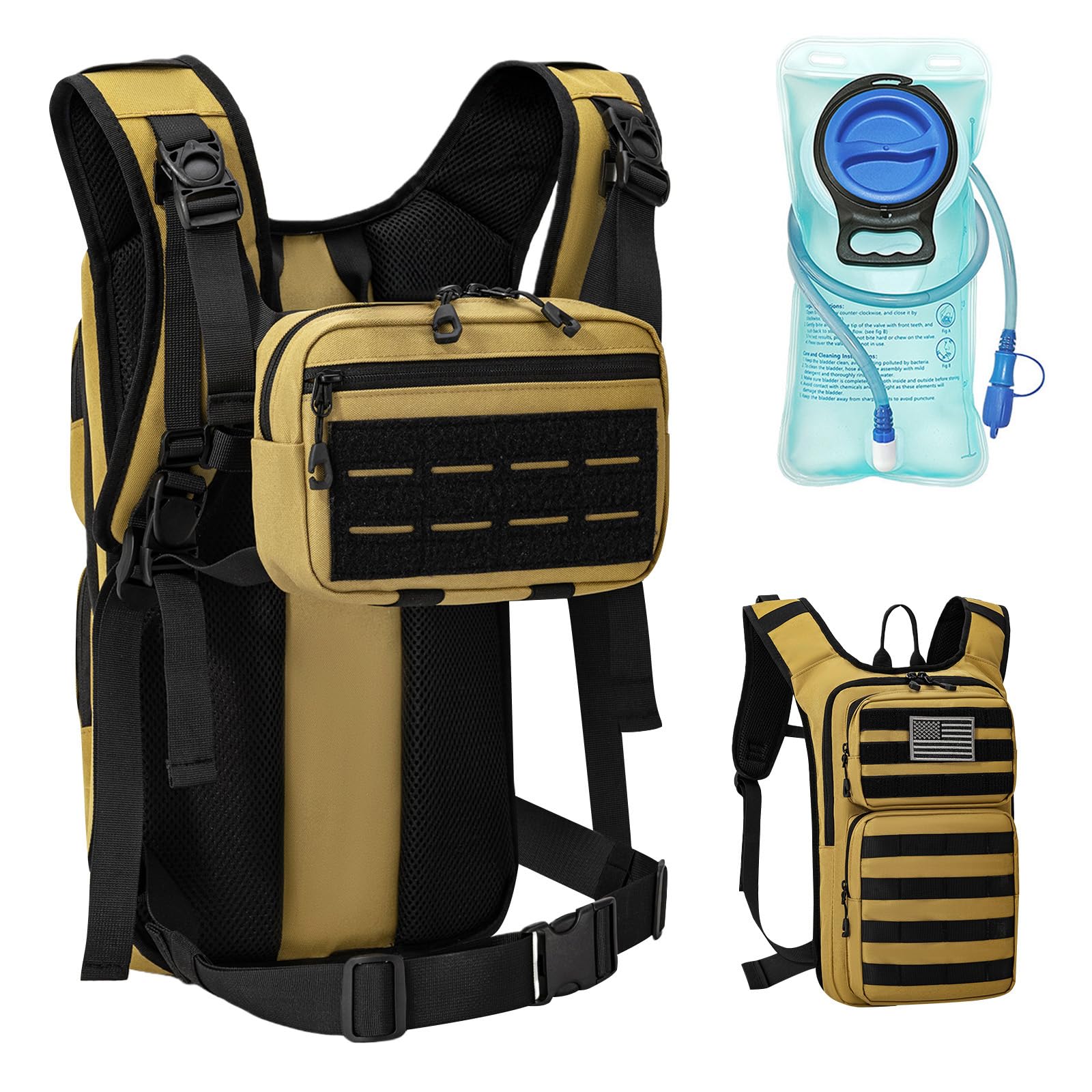 Koculemi Tactical Hydration Backpack with 2L Water Bladder and Front Small Tactical Pouch, Outdoor Water Backpack for Men Women, Sports Hydration Pack for Hiking, Cycling,Climbing