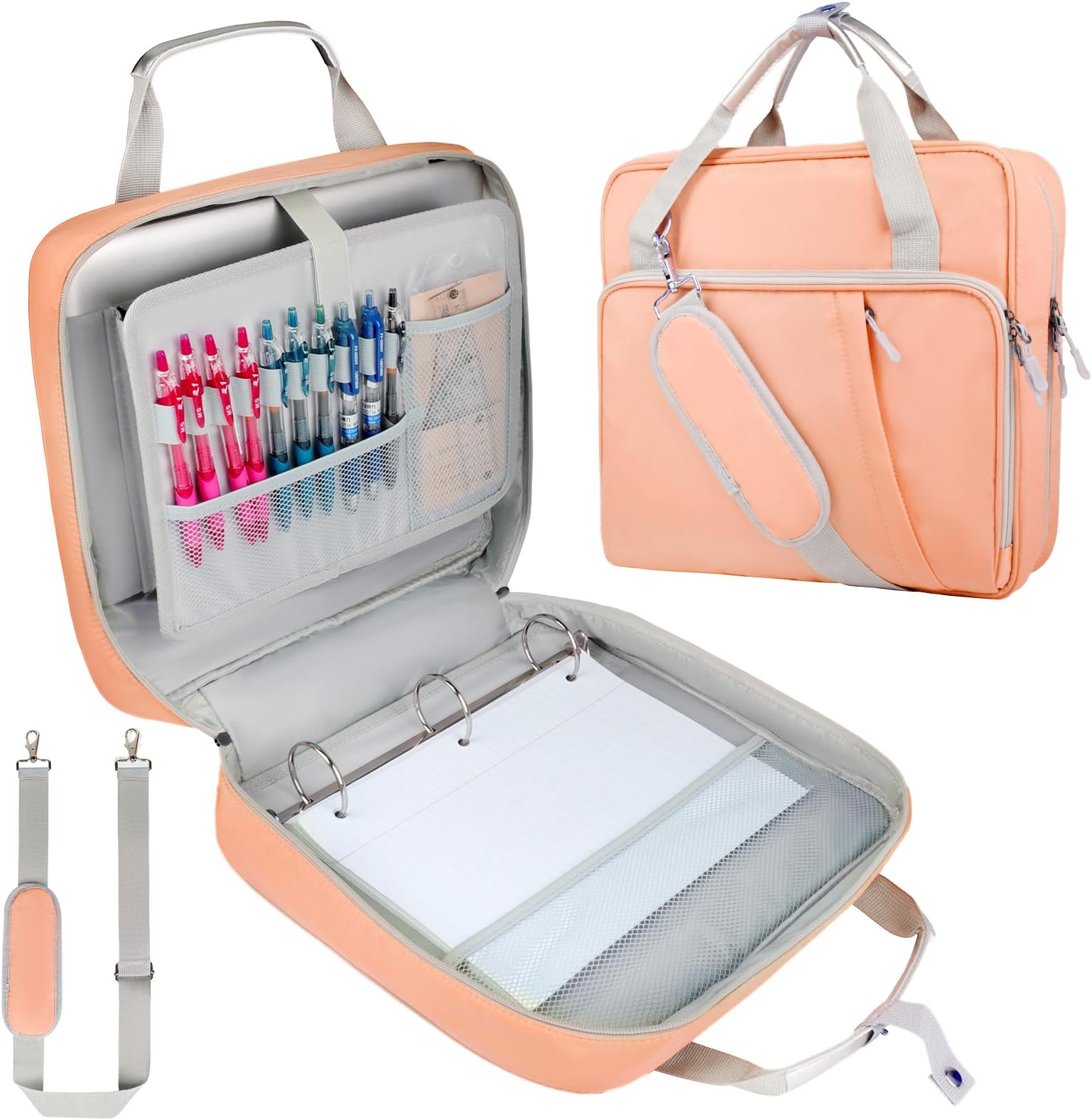 3 Ring Zipper Binder Bag 2 Inch with Shoulder Strap, Waterproof Nylon Binder with Zipper for 500 Sheet Capacity, Multi-Pocket Portfolio Organizer Case for 13 Inch Laptop Middle School (Peach)