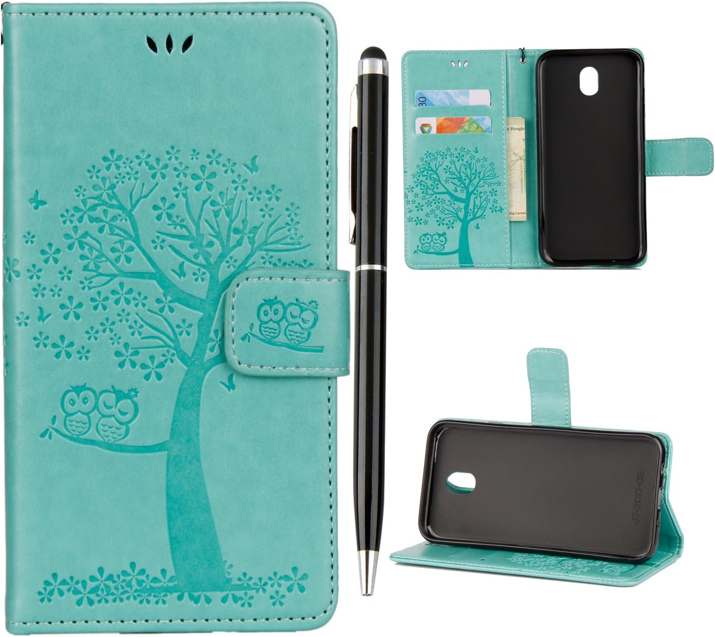 for Samsung J6 2018 Case J6 Phone Case 2018 Premium PU Leather Flip Owl Tree Embossed Case Protective Cover for Samsung Galaxy J6 2018 with [Kickstand] Card Holder & One Touch Pen, Mint Green