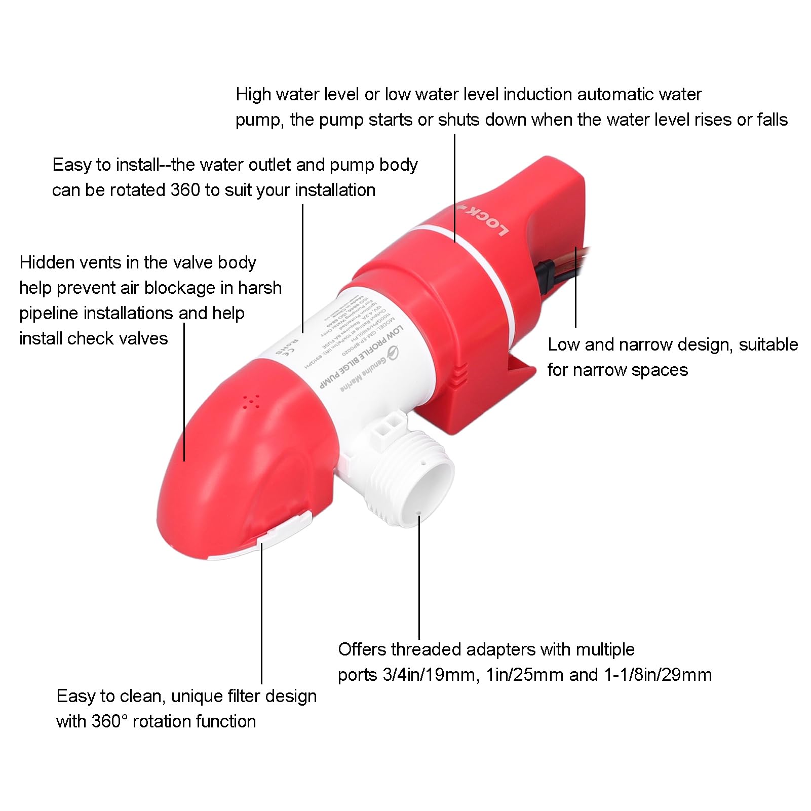 Pompe de Cale Automatique Électrique en Acier Inoxydable 12V, Débit 4160LPH avec Rotation 360° pour Bateaux, Détection d'Eau Intelligente