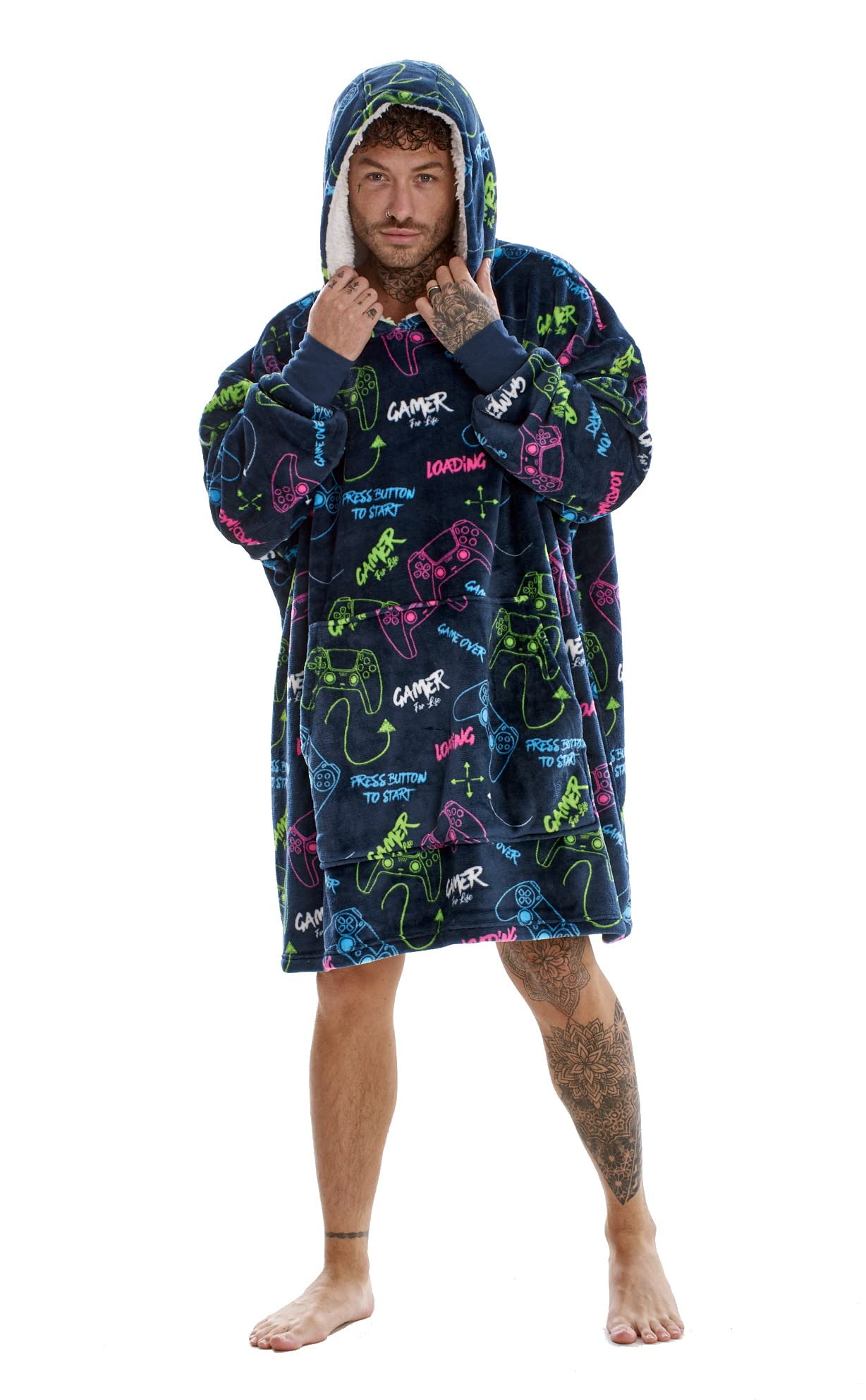 Gamer Men's Neon Design Fleece Oversized Hoodie - Gaming Controller Neon Design - Super Soft Lounger Blanket Hoody - 100% Polyester - Adults One Size