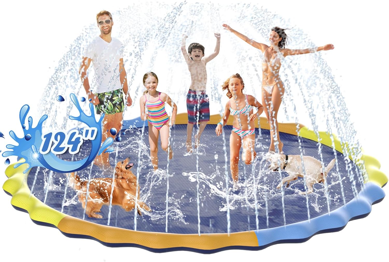 124″ Large Splash Pad for Dog and Kids, 10.3FT Non-Slip Sprinkler Mat 1mm Thickened and Foldable Large Pool Summer Fun, Outdoor Water Toys for Dogs and Toddlers