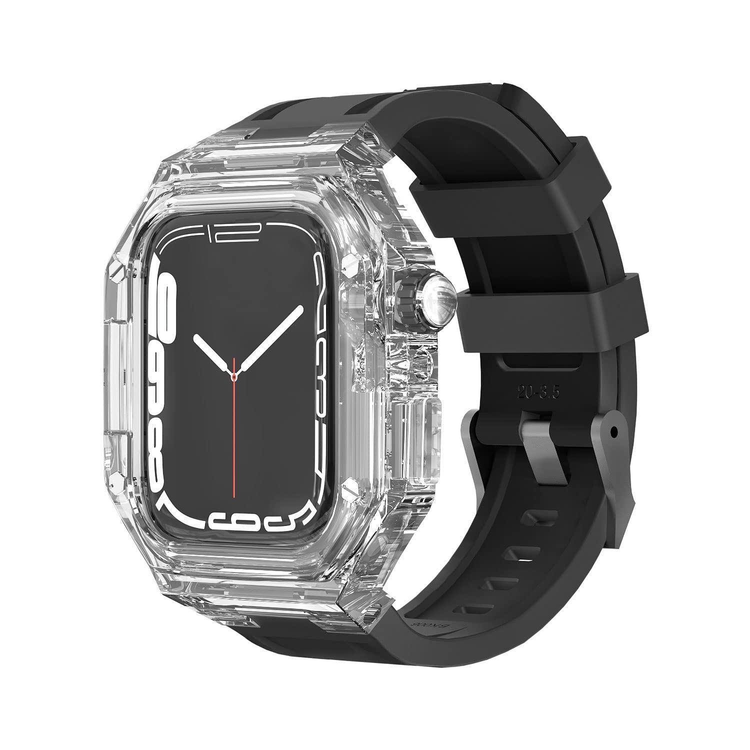 BUDAY Transparent Watch Case Fluororubber Watch Band?For Apple Watch 8 7 6 SE 5 4 44MM 45MM 41MM 40MM Watch Sport Bracelet Replace With Tool(Black Band,44mm)